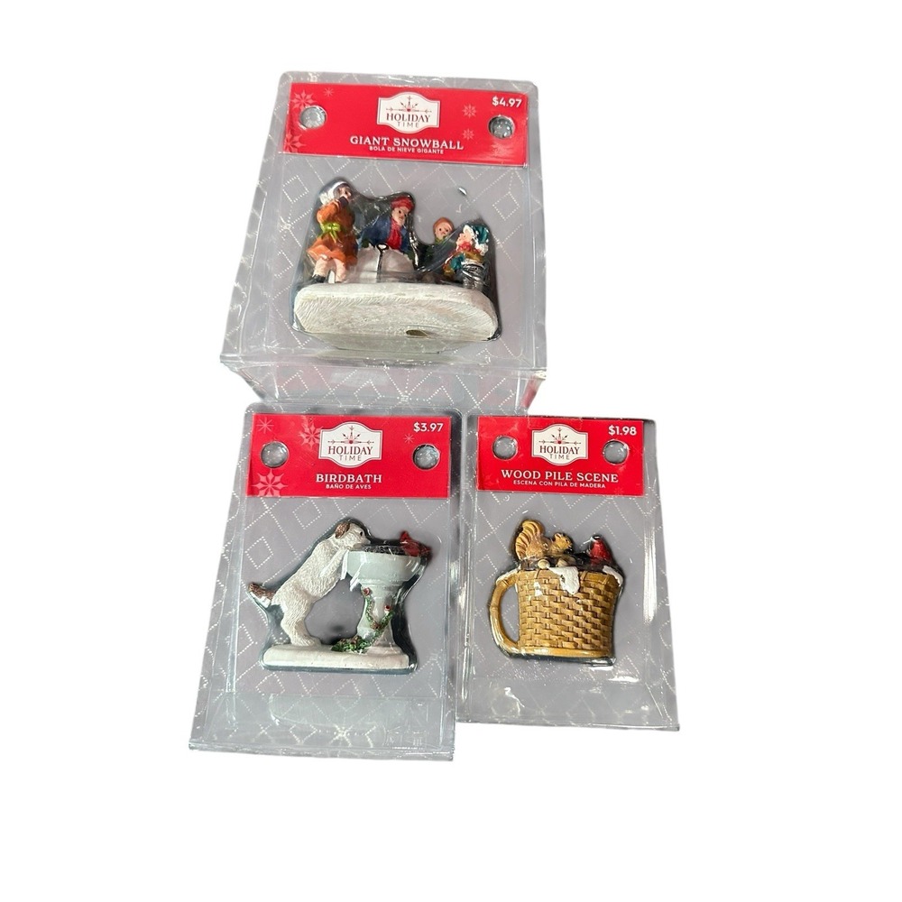 holiday time christmas village decor giant‎ snow ball bird bath dog wood pile